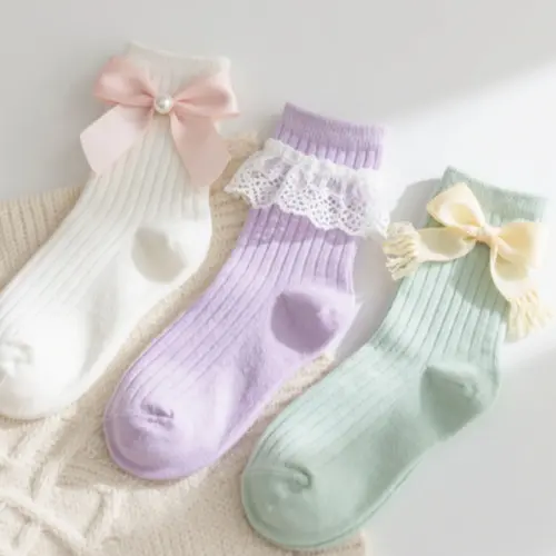 蝴蝶結少女薄款中筒棉襪